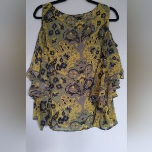 i jeans by Buffalo Floral Yellow and Black Blouse Slit Sleeves Boho Whimsical